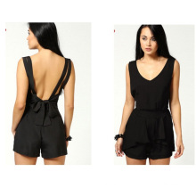 2015 Sexy Back Tie Double Strap Black Women Jumpsuit